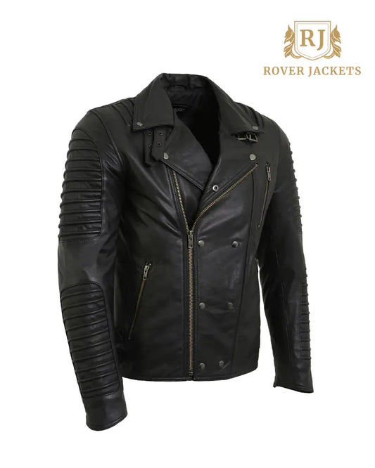 Men's Black Leather Motorcycle Jacket with Quilted Sleeves