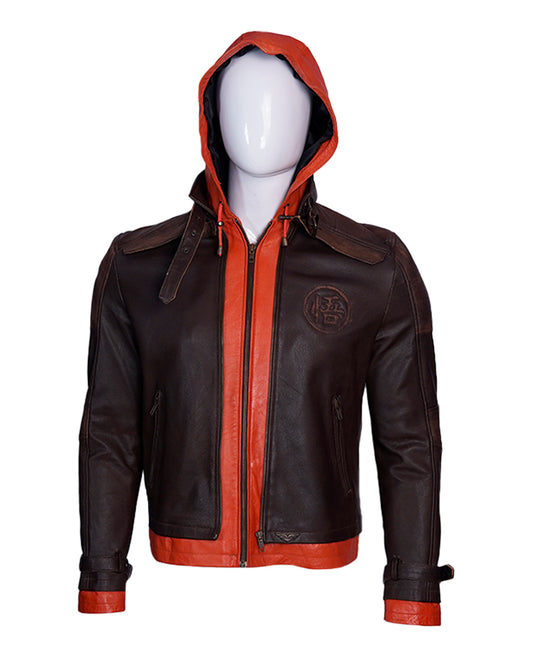 Brown Leather Jacket Mens Goku Orange Hood