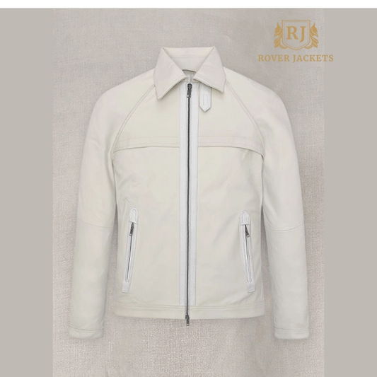 Statham's White Zip Leather Bomber Jacket