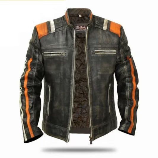 Vintage Style Leather Motorcycle Jacket with Racing Stripes
