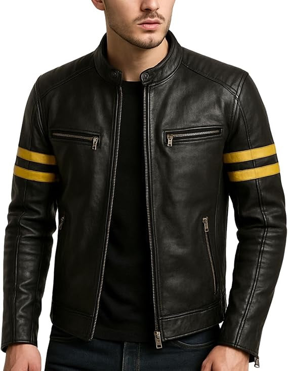 Men’s Black Cafe Racer Leather Jacket with Yellow Racing Stripes