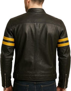 Men’s Black Cafe Racer Leather Jacket with Yellow Racing Stripes