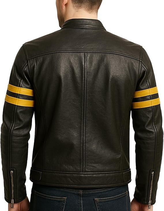 Men’s Black Cafe Racer Leather Jacket with Yellow Racing Stripes