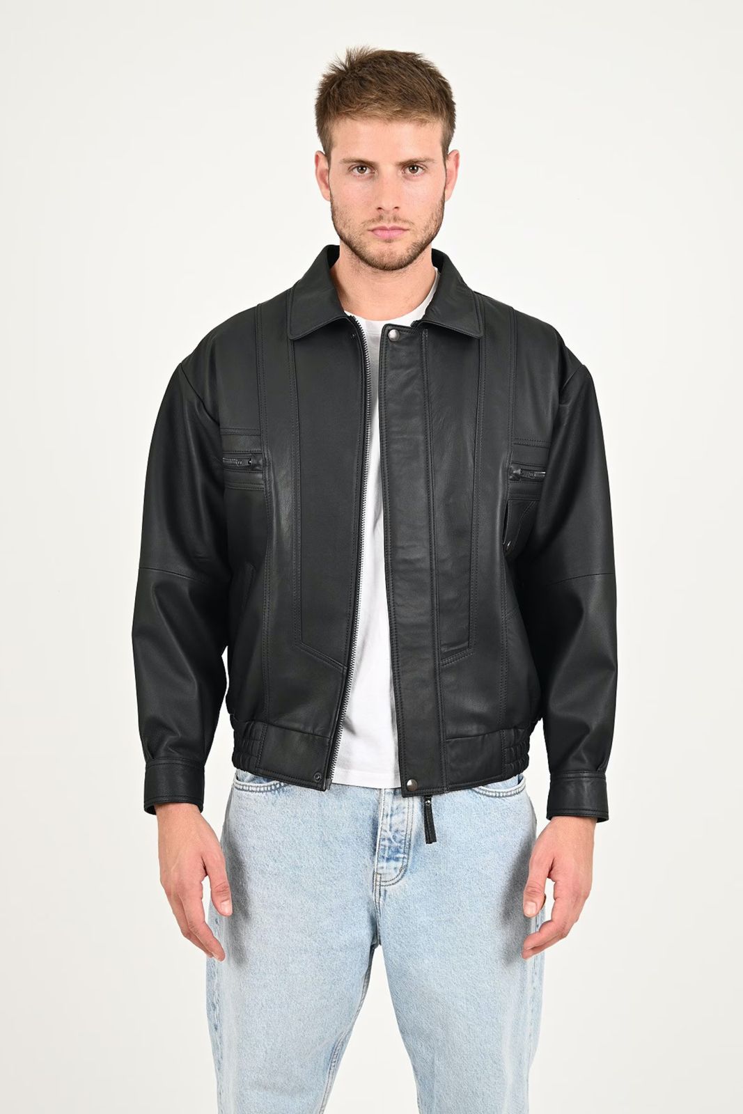 Men’s Oversized Black Leather Bomber Jacket