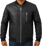 Men’s Jet‑Black Faux Leather Bomber with Ribbed Collar & Chest Zip
