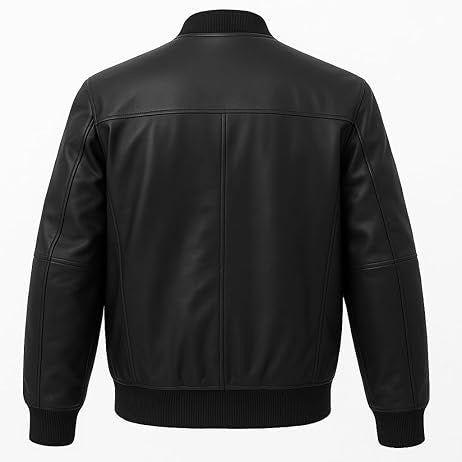 Men’s Jet‑Black Faux Leather Bomber with Ribbed Collar & Chest Zip