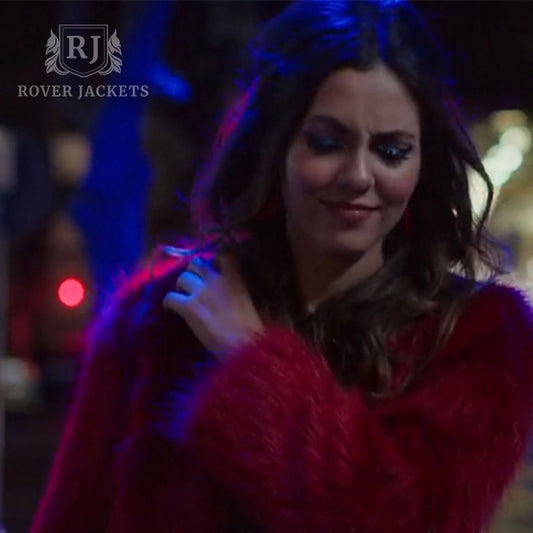 Victoria Justice Red Faux Fur Statement Coat