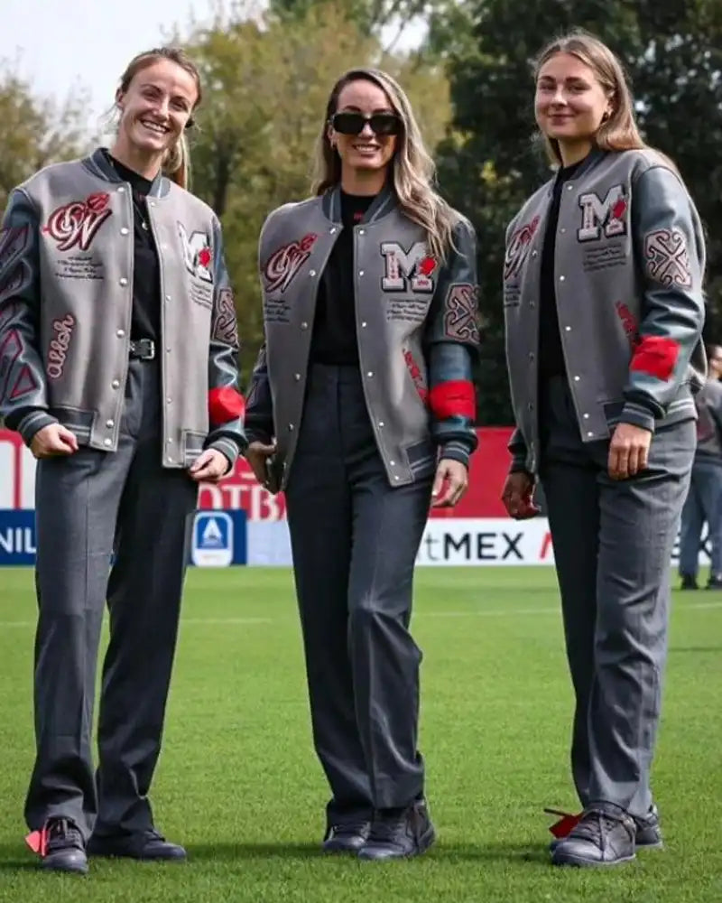 Leather Sleeves Off White X Wool Ac Milan Grey Varsity Jacket