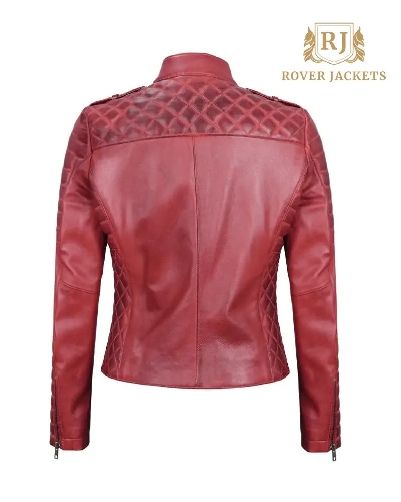 Womens Biker Asymmetrical Maroon Padded Leather Jacket