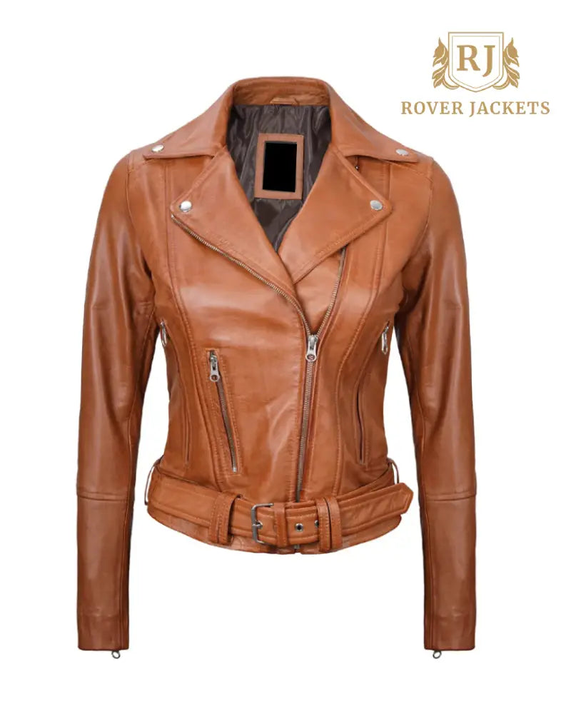 Womens Light Brown Asymmetrical Leather Biker Jacket - Belted