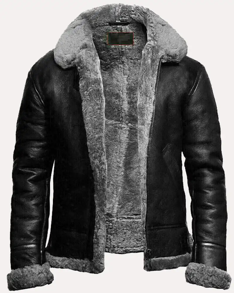 Military Black Fur B3 Pilot Shearling Aviator Jacket