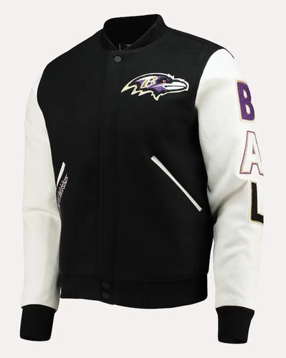 NFL Baltimore Ravens Black and White Varsity Bomber Jacket