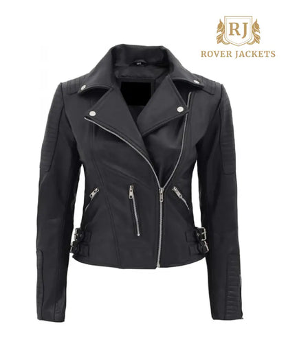 Bari Black Womens Real Leather Biker Jacket