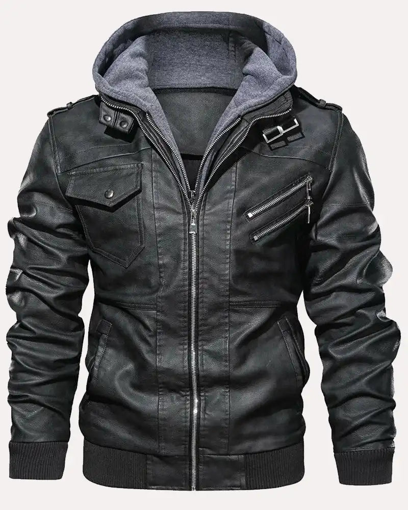 Black Leather Jacket Men's Casual Hooded
