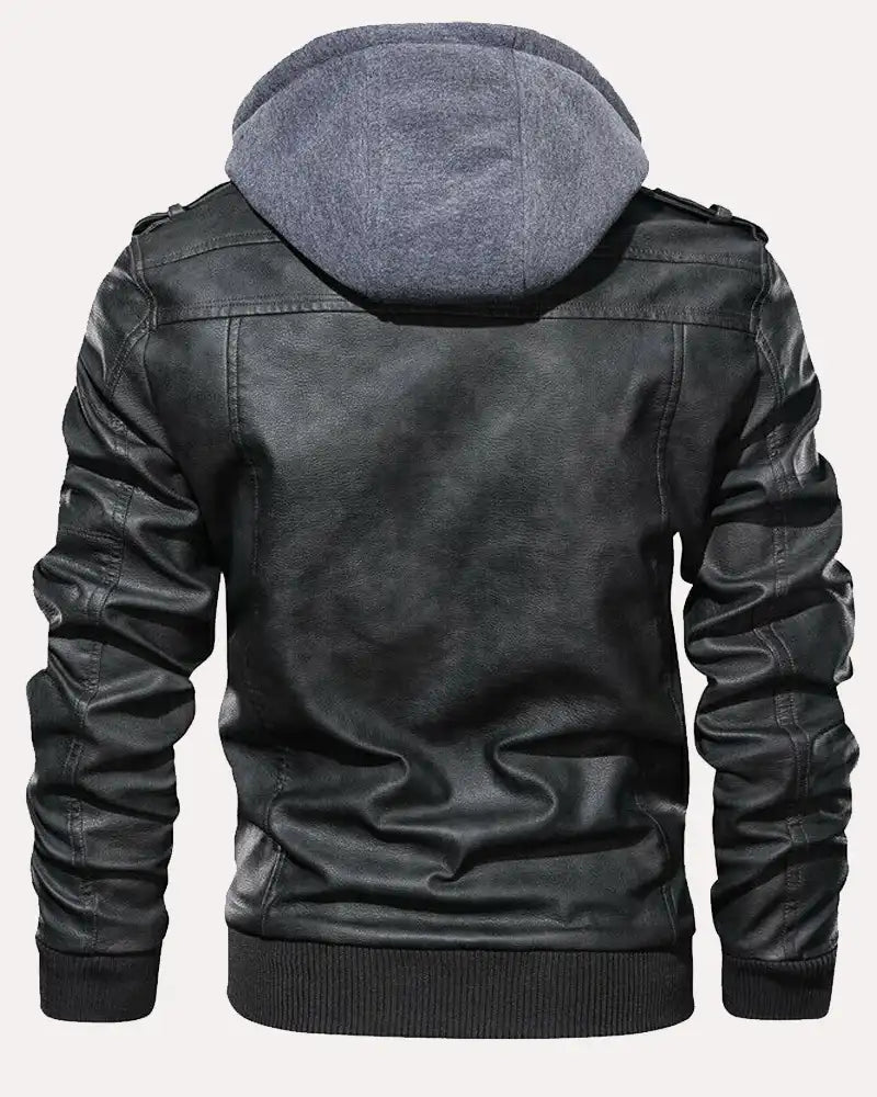 Black Men's Casual Hooded Leather Jacket
