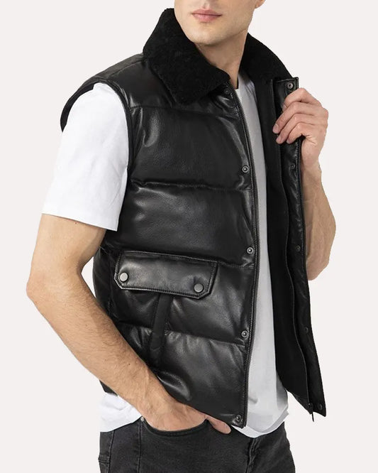 Mens Leather Puffer Black Vest