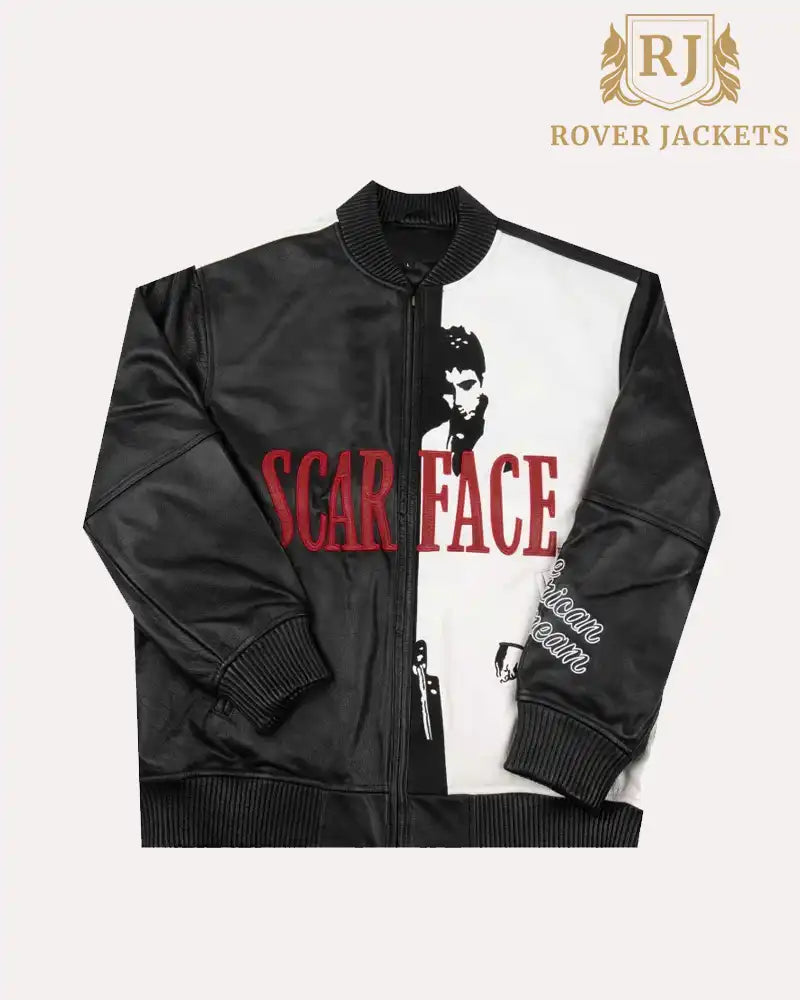 Scarface Tony Montana Black White Leather Bomber Jacket Rover