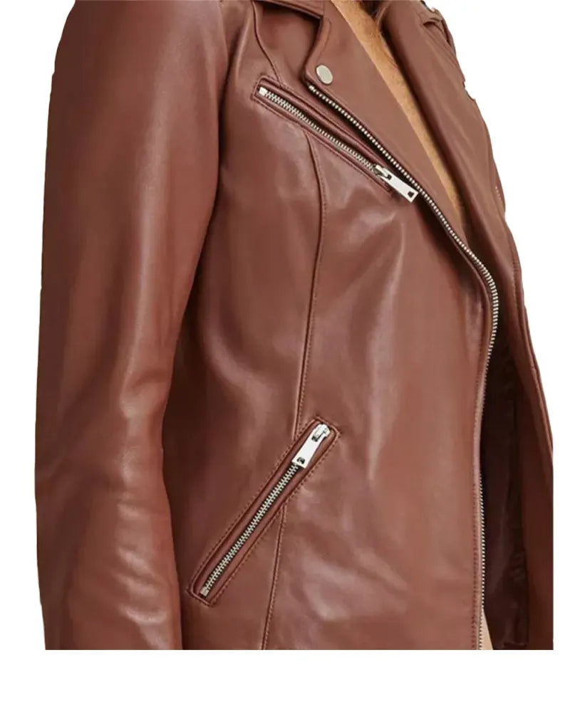 Ladies Biker Leather Jacket Brown