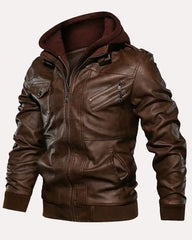 Brown Leather Jacket Men's Casual Hooded