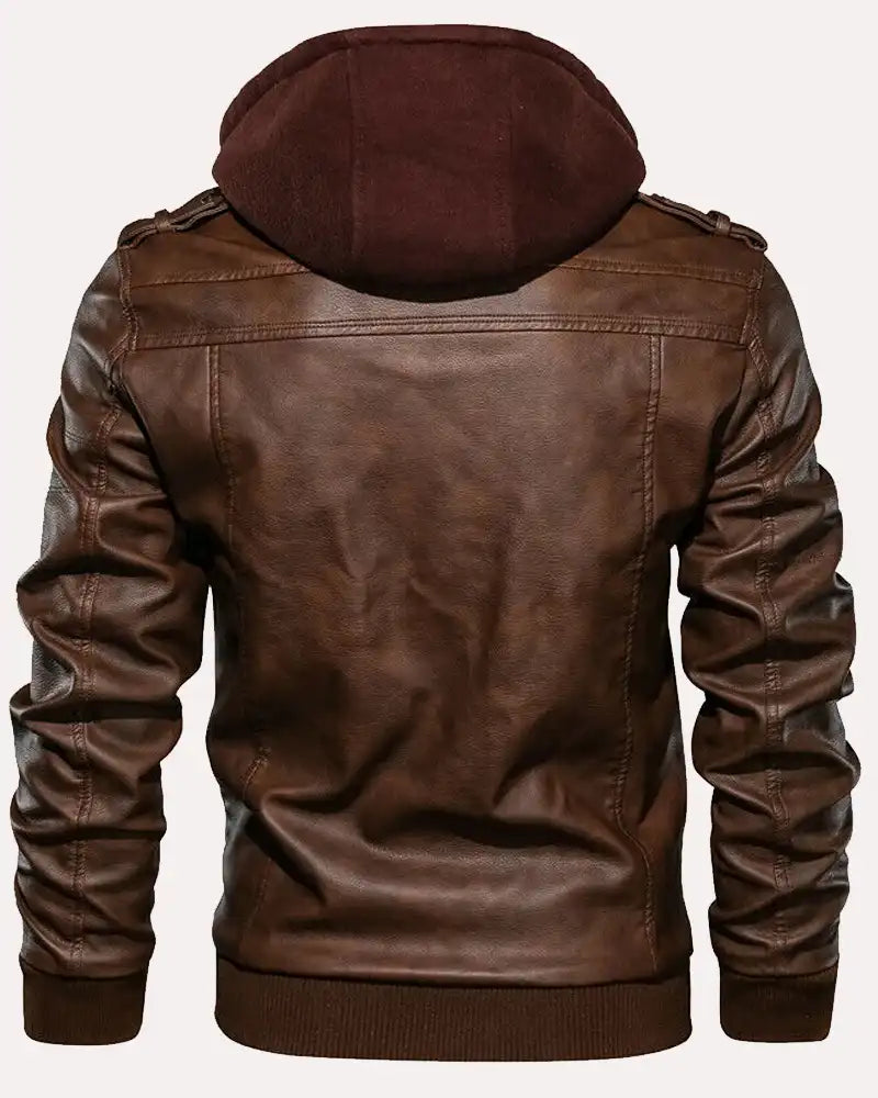 Brown Leather Jacket Men's Casual Hooded