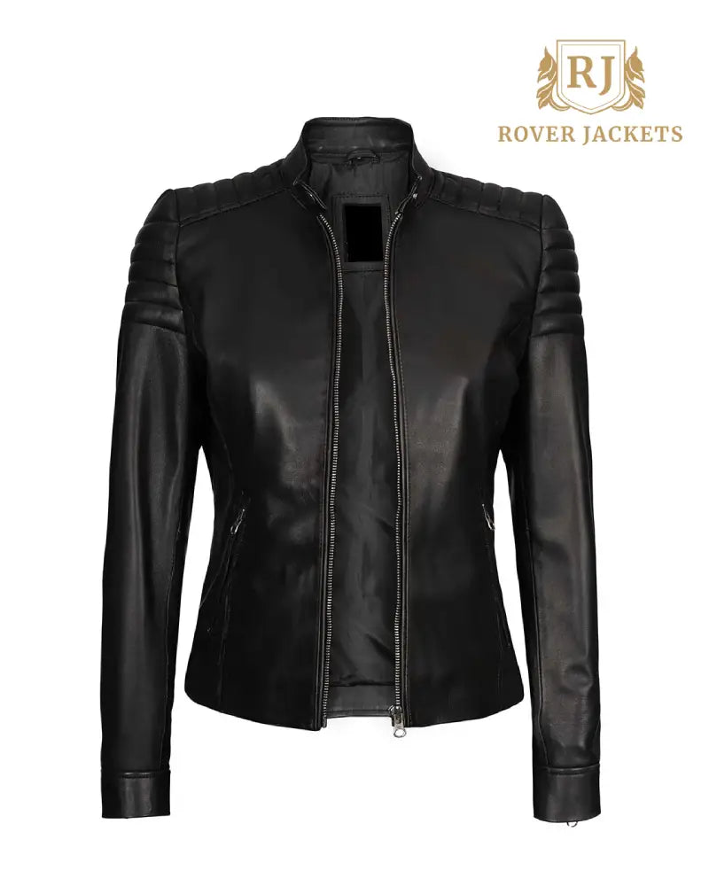 Carrie Womens Black Slim Fit Cafe Racer Leather Jacket