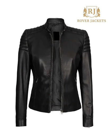 Carrie Womens Black Slim Fit Cafe Racer Leather Jacket