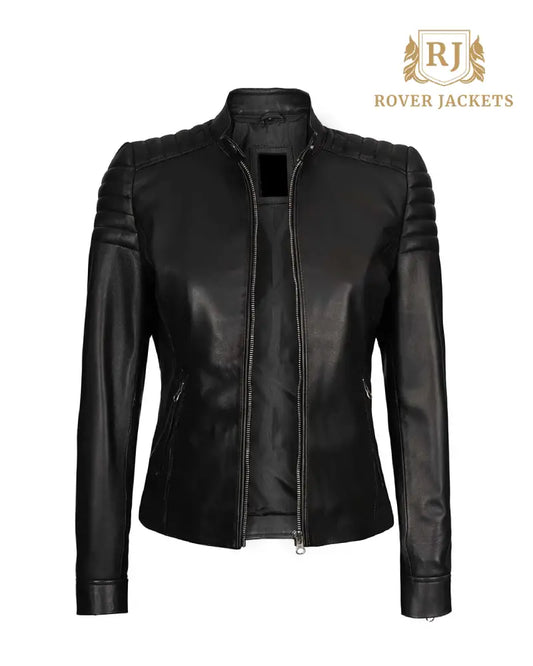 Carrie Womens Black Slim Fit Cafe Racer Leather Jacket