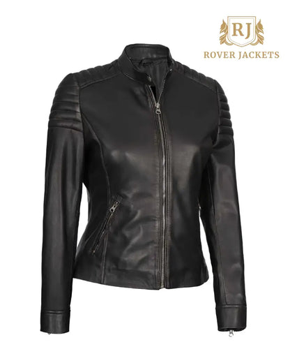 Carrie Womens Black Slim Fit Cafe Racer Leather Jacket