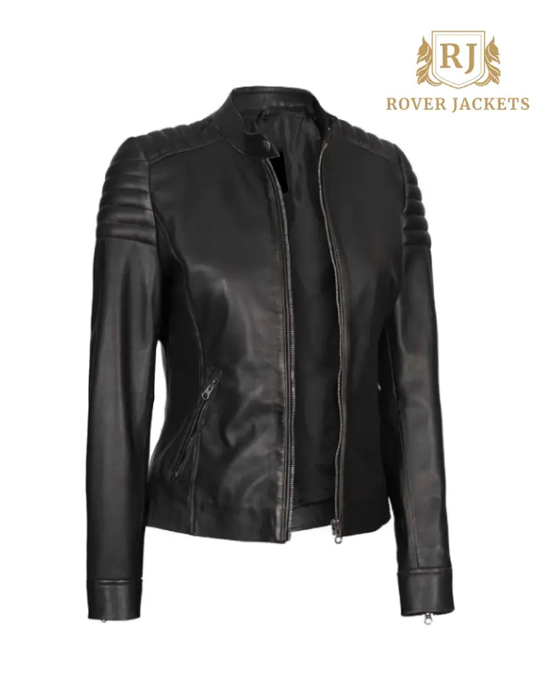 Carrie Womens Black Slim Fit Cafe Racer Leather Jacket