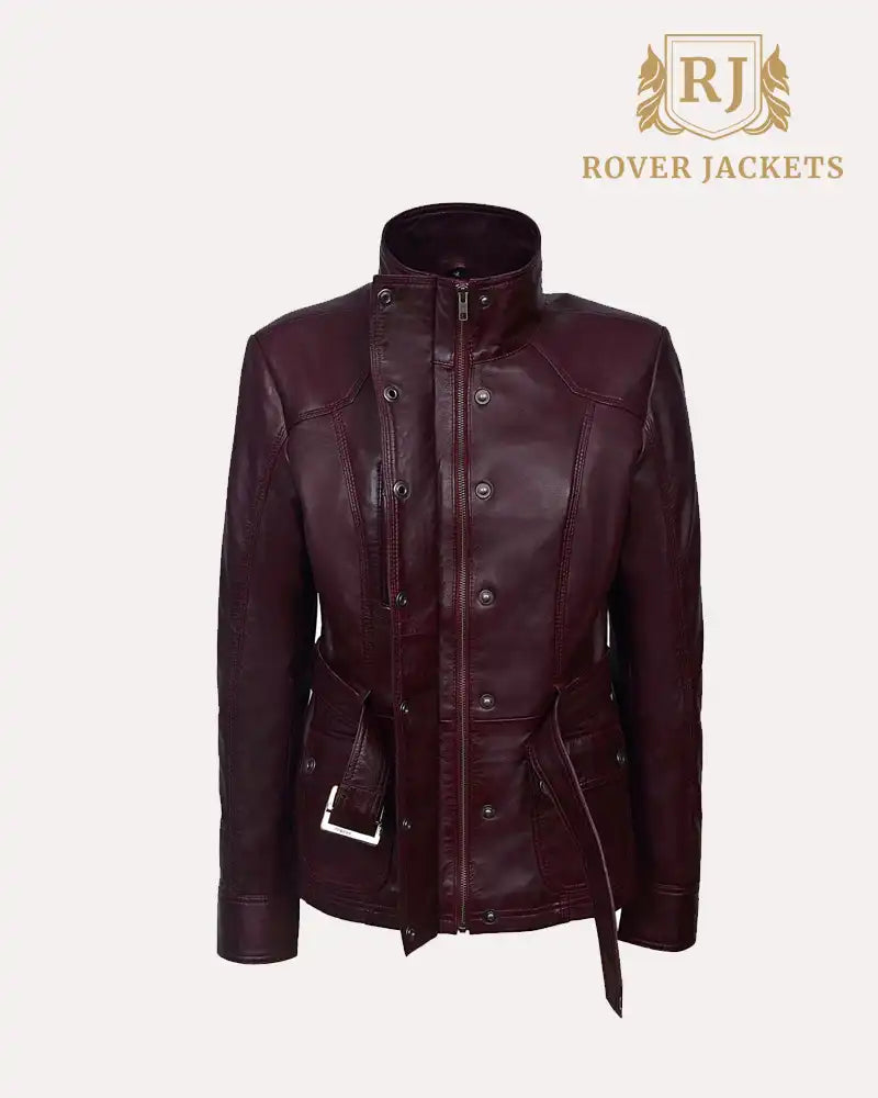 Cherry Plum Slim Fit Leather Jacket for Women Military Style