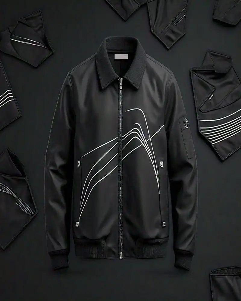 Chic Black Leather Jacket with Modern White Line Pattern