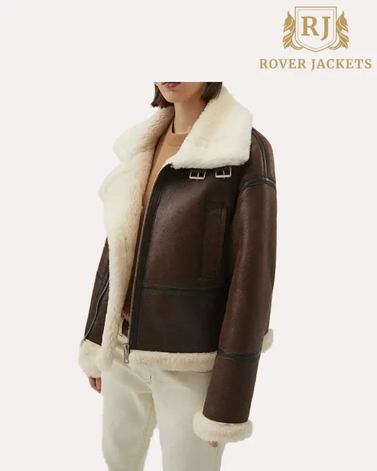 Chocolate Brown Leather Shearling Aviator Jacket Womens