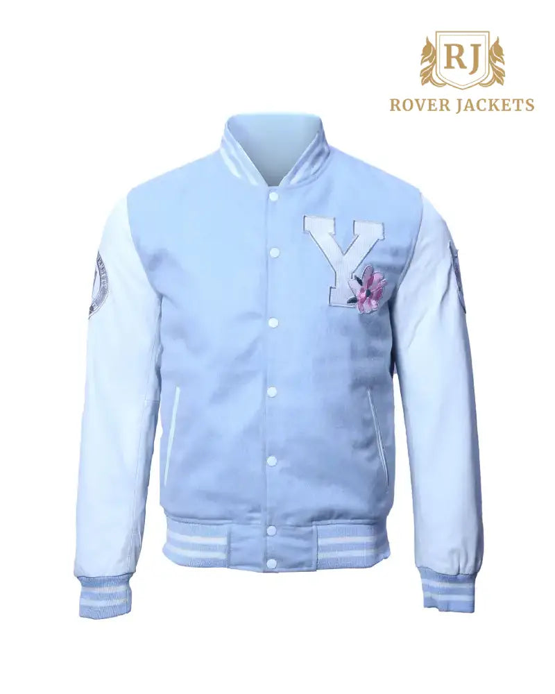 Men's Light Blue Varsity Jacket with White Sleeves - Classic Letterman Jacket