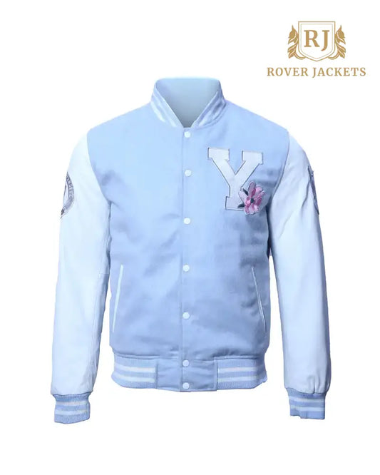 Men's Light Blue Varsity Jacket with White Sleeves - Classic Letterman Jacket