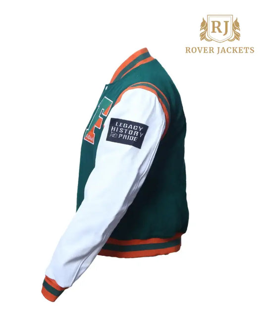 Men's Green and Orange FAMU Varsity Jacket - Classic Letterman Style with White Sleeves