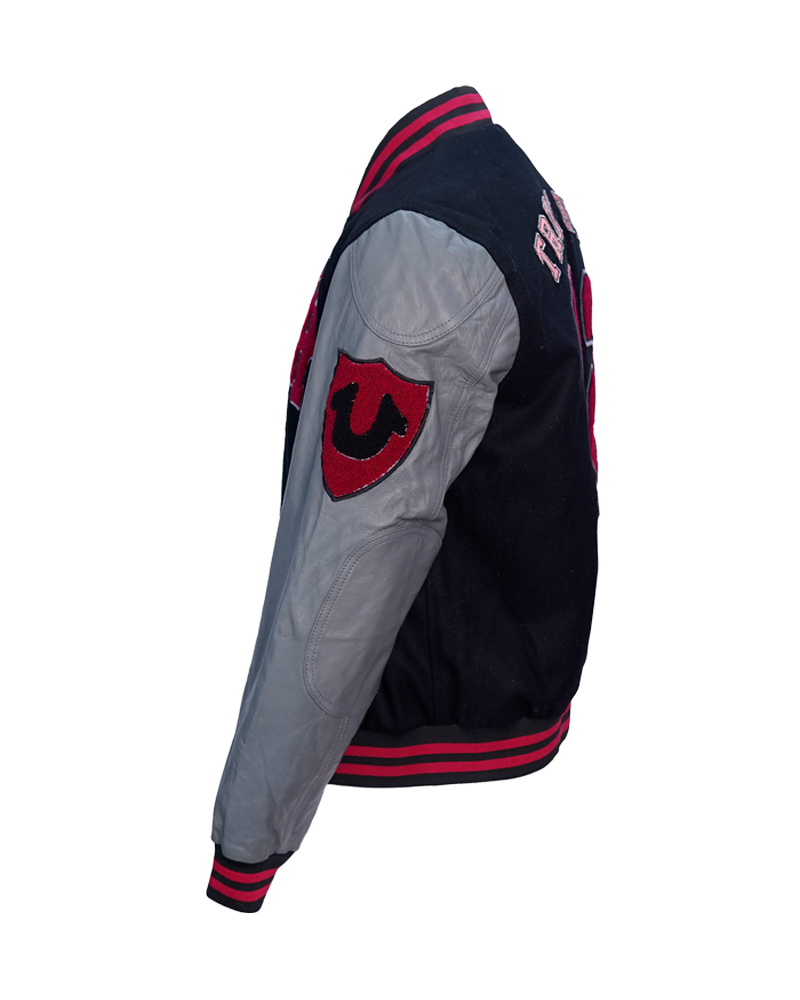 T R Collegiate Logo Patch Varsity Leather Jacket Rover Jackets