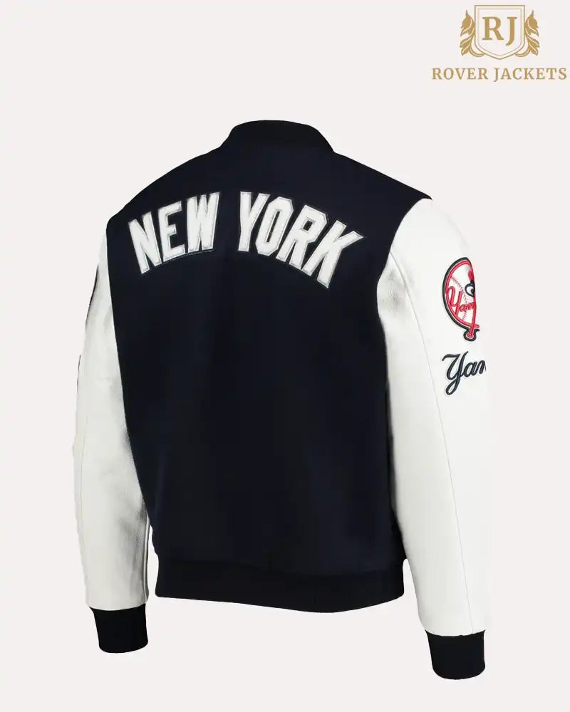 Full Snap Wool Leather Jacket New York Yankees Logo Blended Varsity