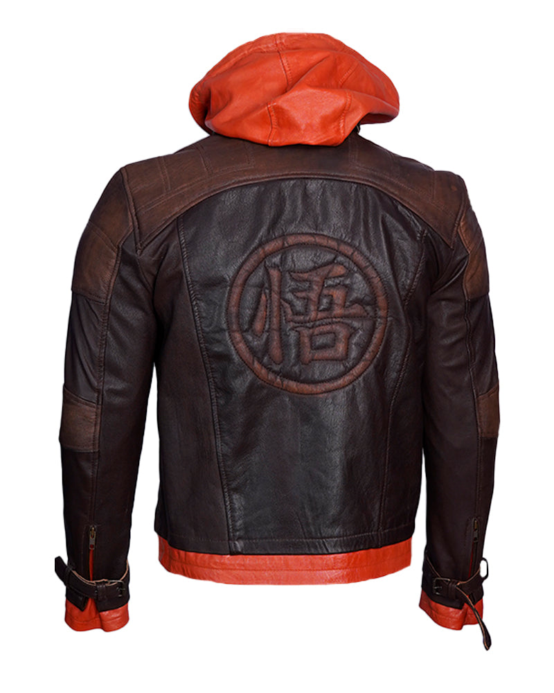 Mens Goku Orange Hood Brown Leather Jacket