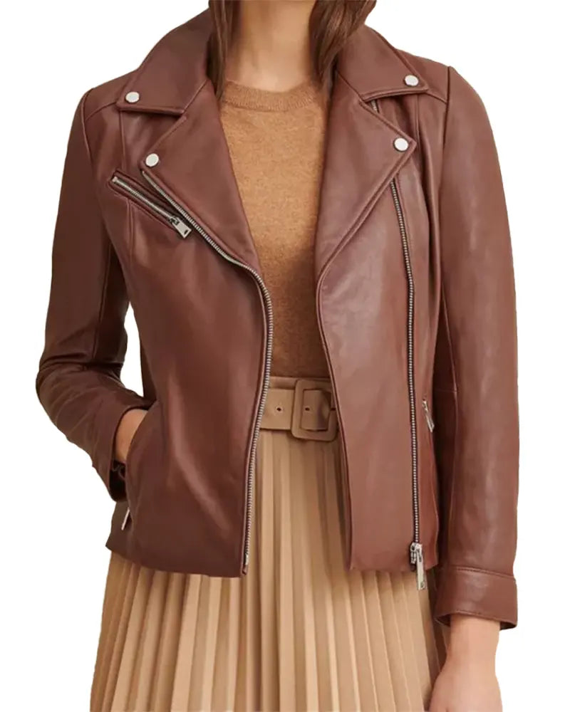 Brown Ladies Biker Leather Jacket