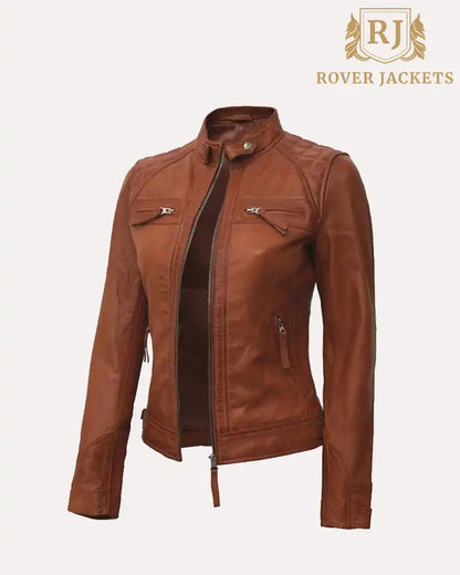 Lambskin Leather Tan Quilted Biker Jacket Women Real