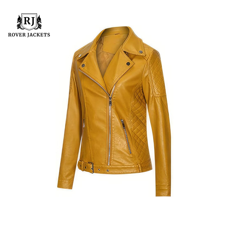 Womens Mustard Bike Moto Riding Cafe Racer Retro Leather Jacket