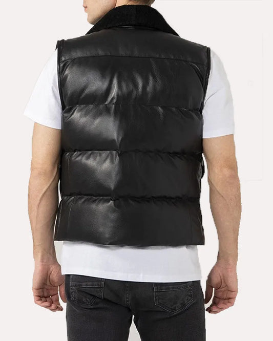 Black Shearling Collar Leather Puffer Vest For Mens