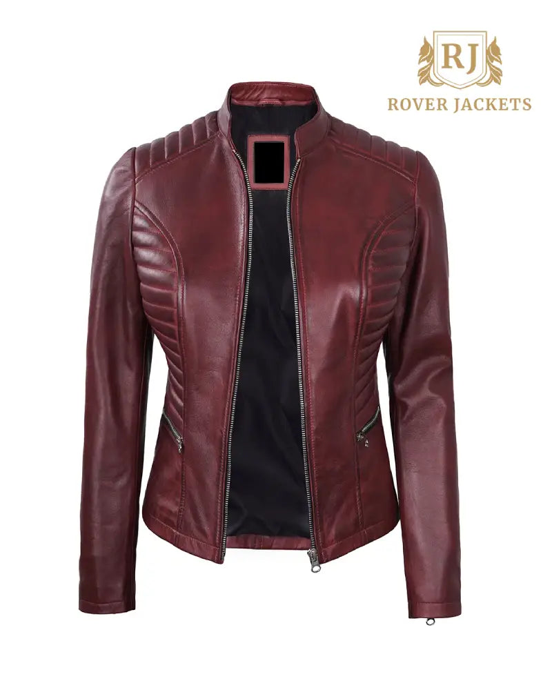 Women's Maroon Leather Cafe Racer Jacket with Padded Shoulders