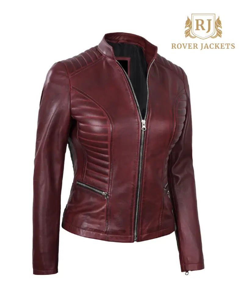 Women's Maroon Leather Cafe Racer Jacket with Padded Shoulders