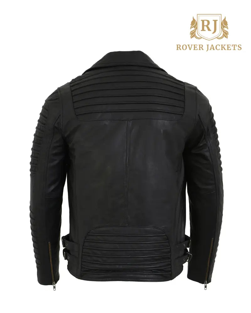 Men's Black Leather Motorcycle Jacket with Quilted Sleeves 