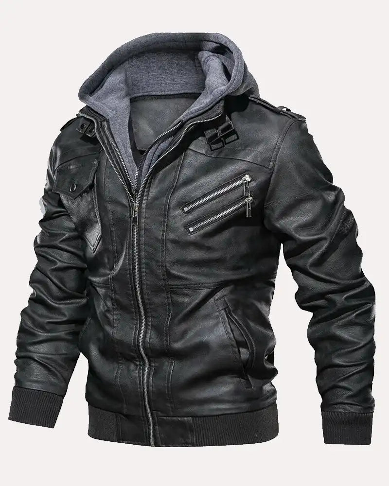 Men's Casual Hooded Black Leather Jacket