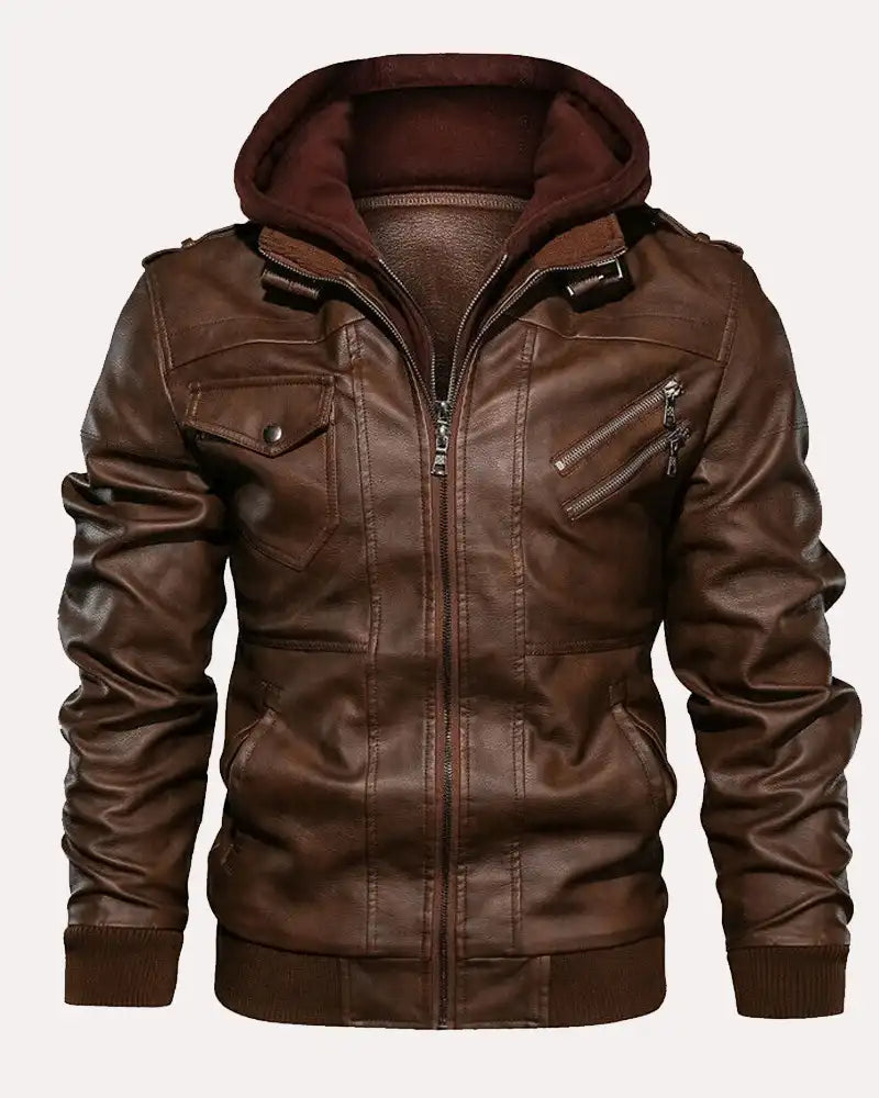 Men's Casual Hooded Brown Leather Jacket
