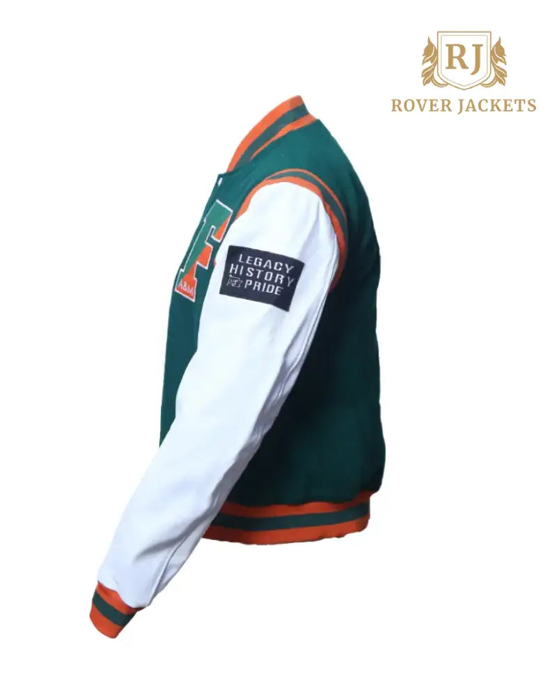 Men's Green and Orange FAMU Varsity Jacket - Classic Letterman Style with White Sleeves