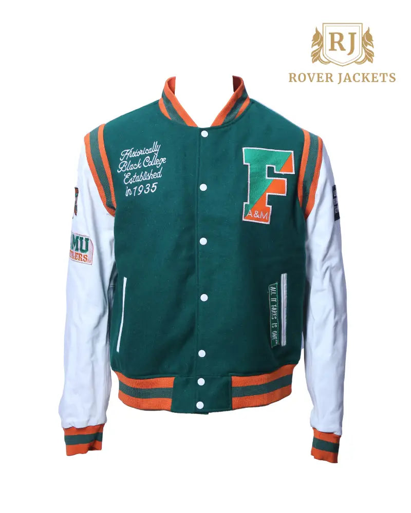 Men's Green and Orange FAMU Varsity Jacket - Classic Letterman Style with White Sleeves