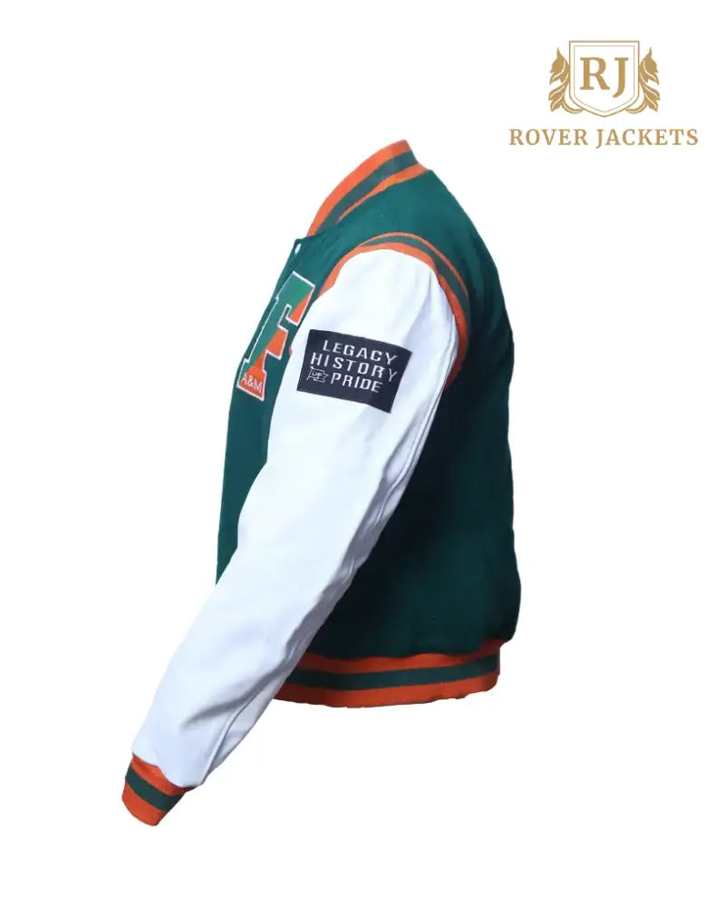 Men's Green and Orange FAMU Varsity Jacket - Classic Letterman Style with White Sleeves